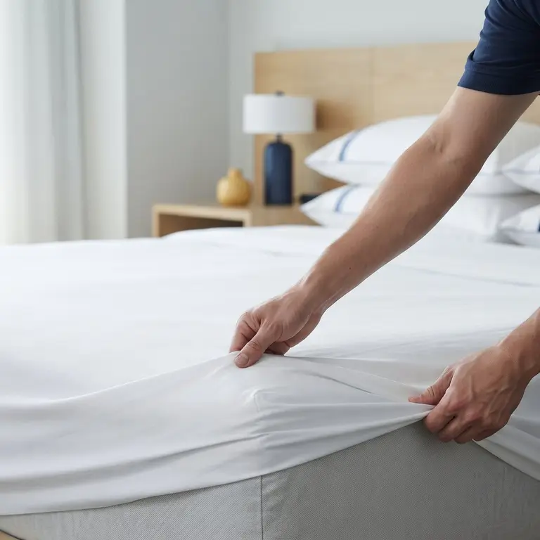 Hände spannen ein weißes Spannbettlaken auf einem Hotelbett glatt