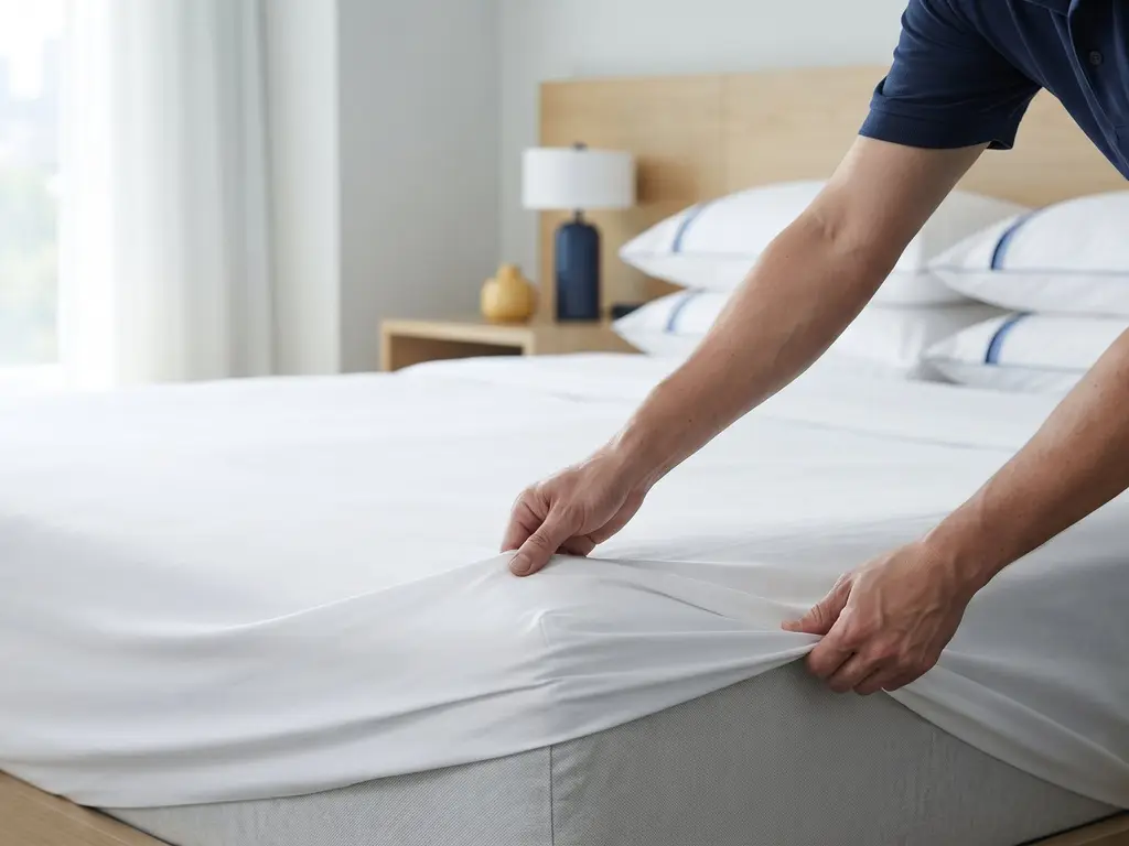 Hände spannen ein weißes Spannbettlaken auf einem Hotelbett glatt