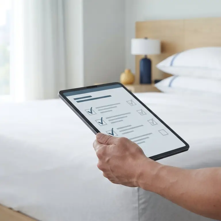 Zimmerabnahme: Hand hakt auf einem Tablet die Checkliste für ein Hotelzimmer ab