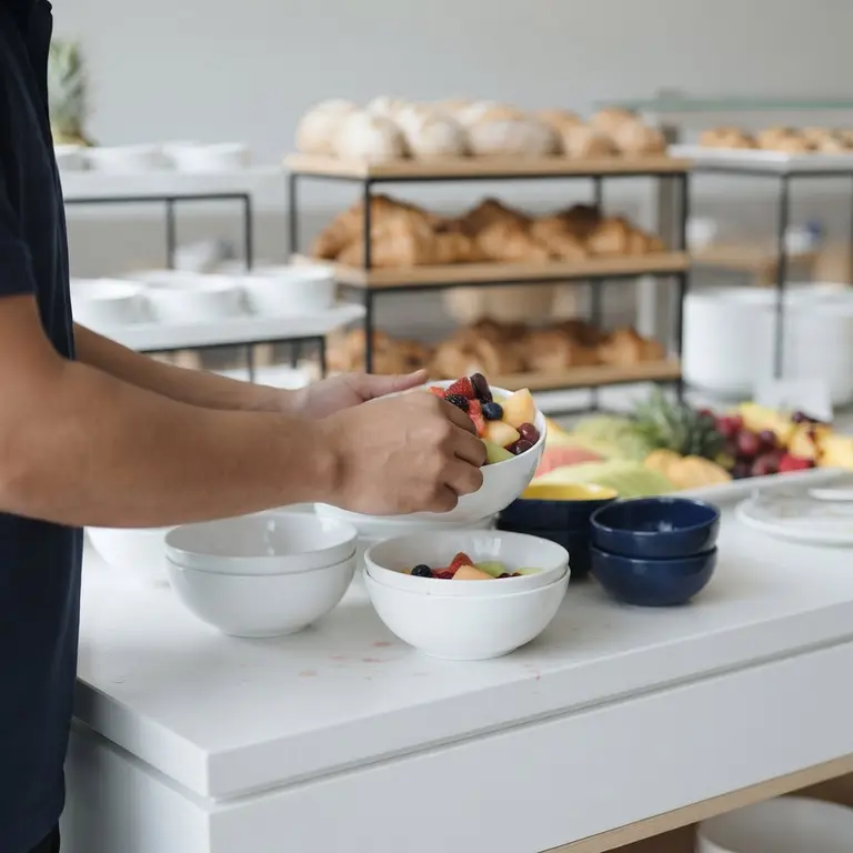 Hände füllen am Frühstücksbuffet frisches Obst in eine Schale nach