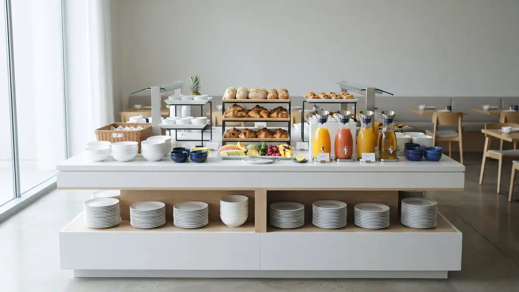 Frühstücksbuffet in einem Hotel kurz vor der Öffnung