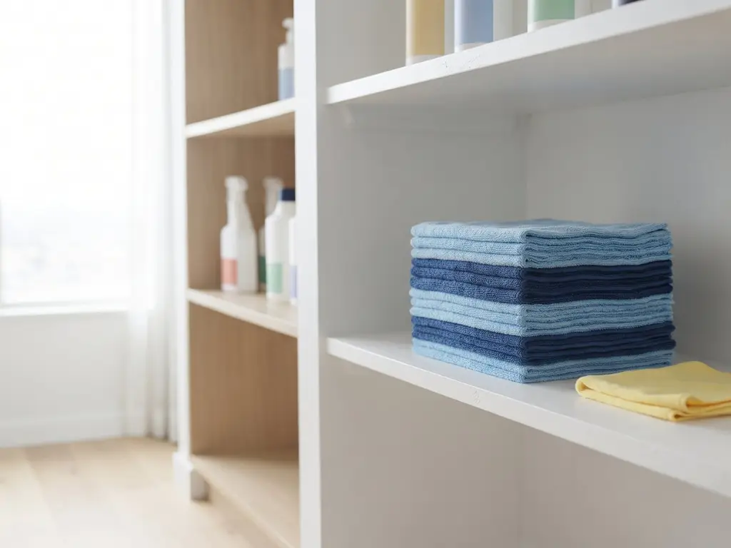 Gestapelte, frisch gewaschene Mikrofasertücher im Housekeeping-Lager