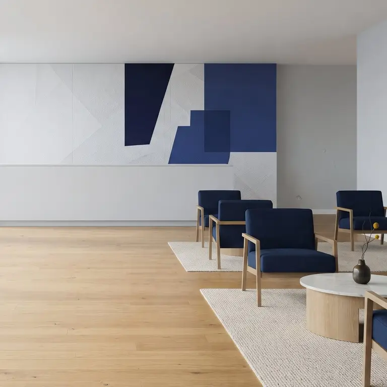 Helle Hotellobby mit Empfangstresen, ohne Gäste